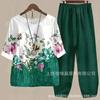 Spring and summer national style bamboo leaf plant printed women's clothing, breathable round neck medium sleeve top, elastic waist loose eight-point