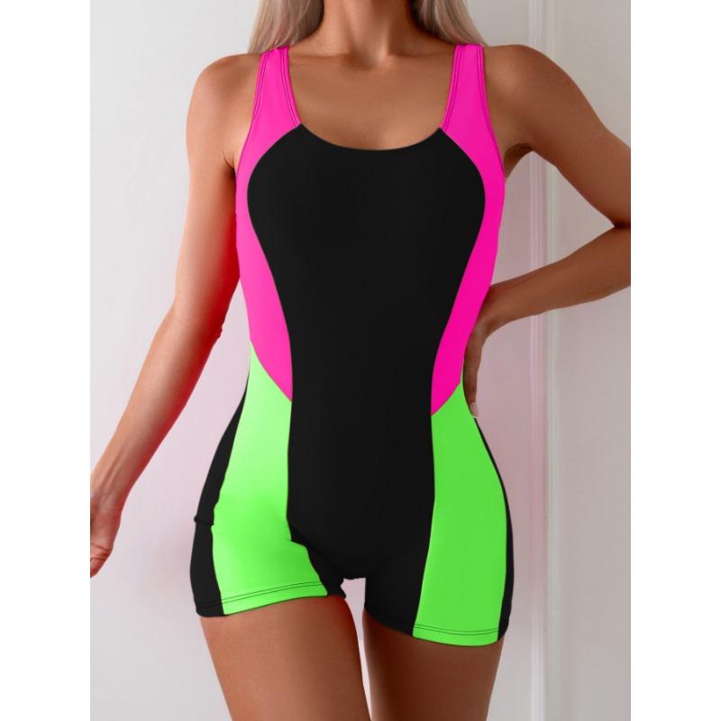 

Women s Neon Color Block One-Piece Swimsuit Boyleg Athletic Bathing Suit XL