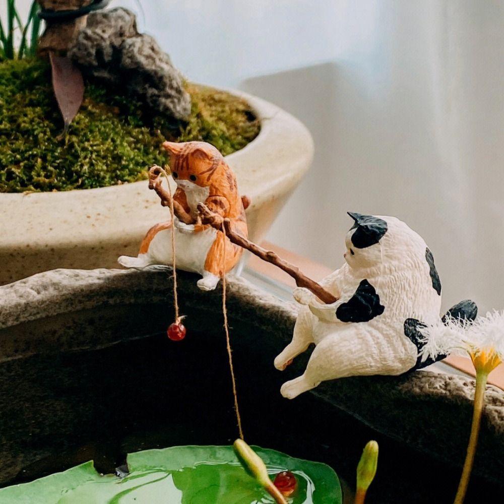 Tanks Decor Bonsai Miniature Figurines Fish Tank Ornaments Kitten Fishing Ornament Cat Statue