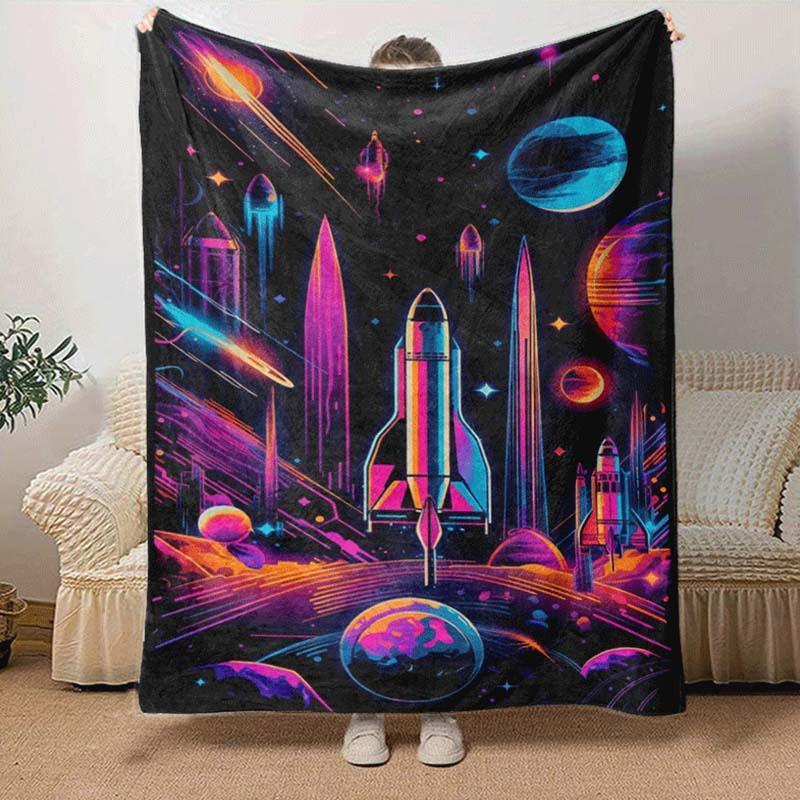 1pc Planet Printing Lightweight Flannel Blanket, Comfortable and Warm Blanket, for Camping Sofa Bed and Couch Office, in All Seasons