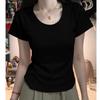 Milk Yellow Design Straight Shoulder Pure Cotton U-neck Short-sleeved T-shirt Women's Summer Spice Short Slim-fitting Waist Top