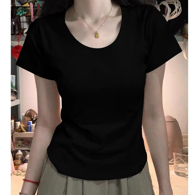 Milk Yellow Design Straight Shoulder Pure Cotton U-neck Short-sleeved T-shirt Women's Summer Spice Short Slim-fitting Waist Top
