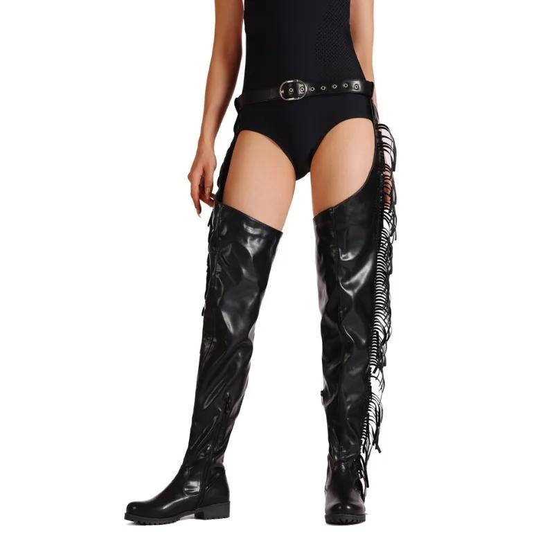 Fashion Side Zipper Tassel Belt Buckle Black White Pants Boots Women's Round Toe Low Heel Nightclub Pole Dance Sexy Motorcycle Boots 43