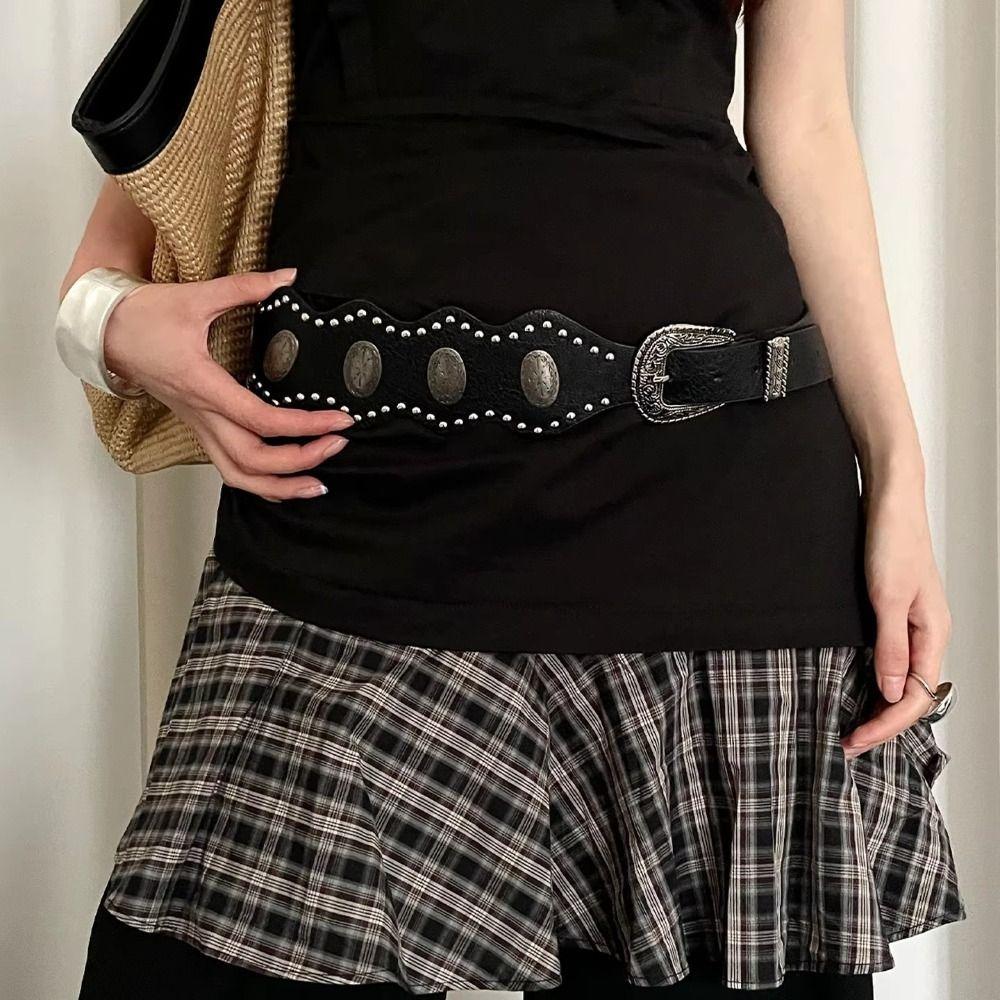 Black Leather Waist Belt Vintage Dress Jeans Belt Versatile Women's Belt  Streetwear