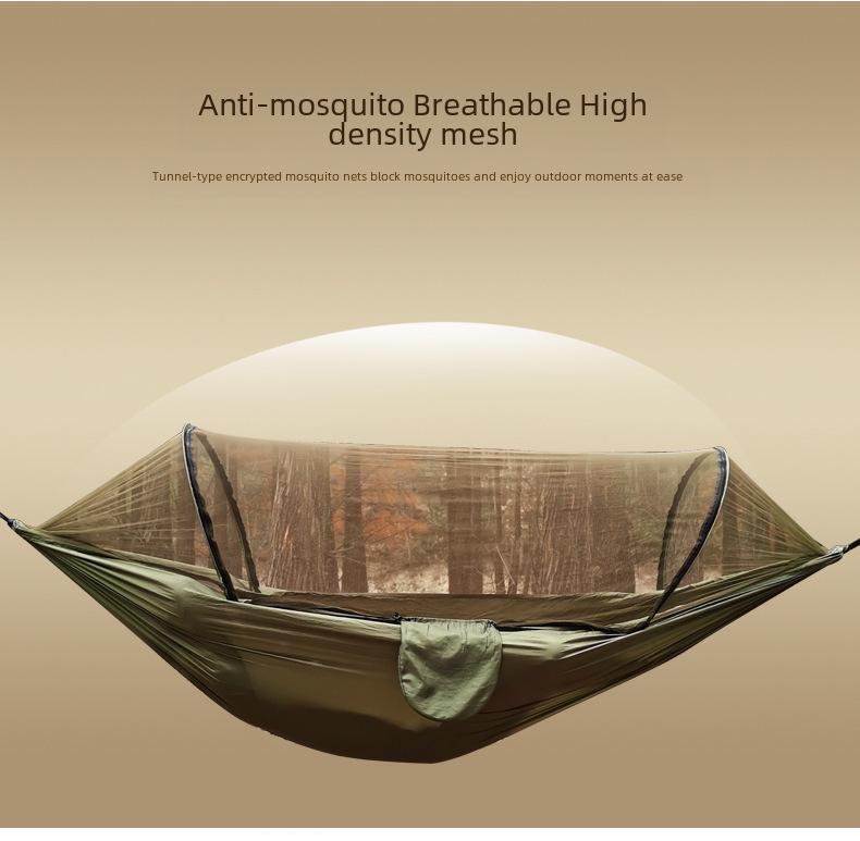 Quick-Open Mosquito Net Hammock: Outdoor Camping Pole Support, Anti-Rollover Nylon Hammock with Mosquito Protection.