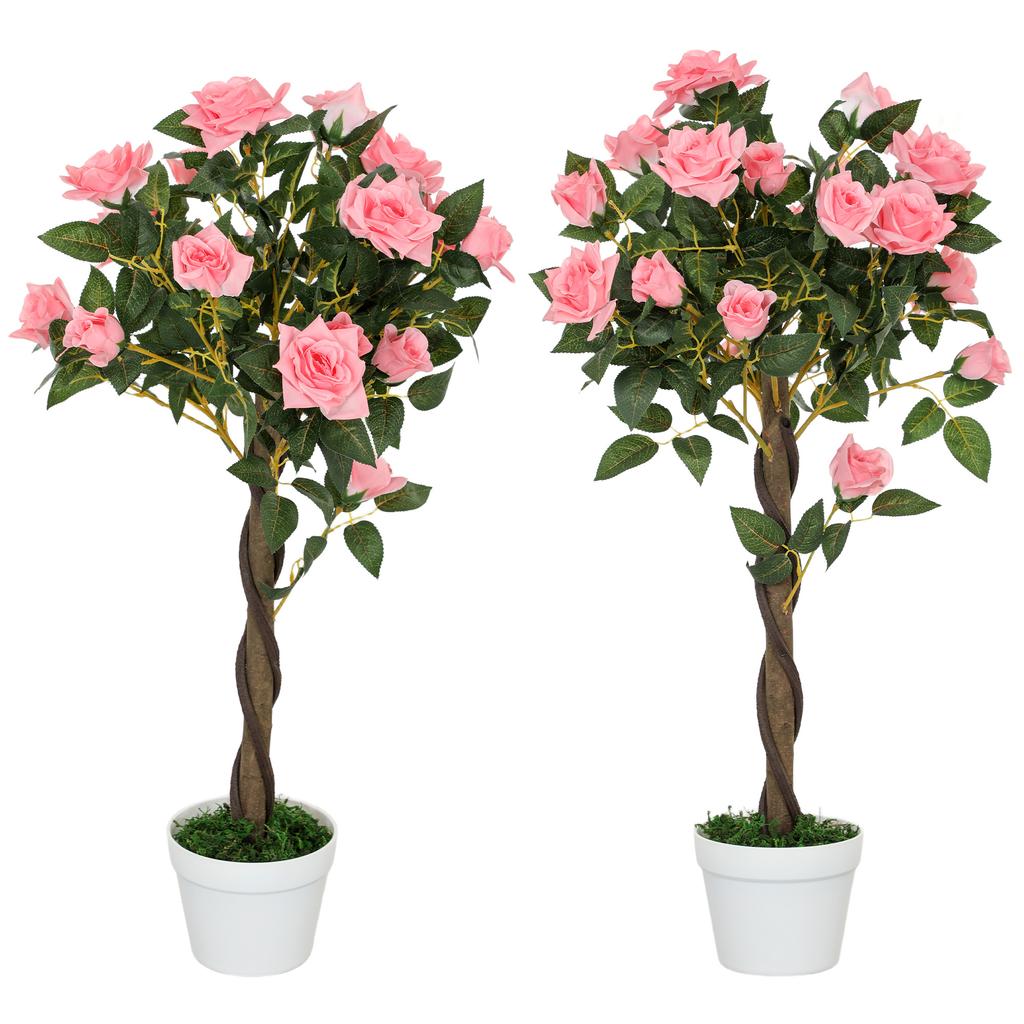 Set of 2 Artificial Plants Pink Rose Floral In Pot, Fake Plants for Home Indoor Decor, 90cm
