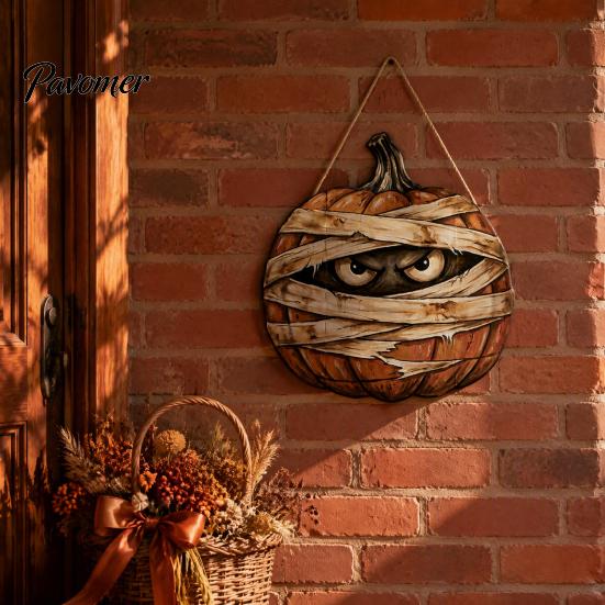 Unique Masked Ghost Decor Halloween Mummy Pumpkin Hanging Sign, Retro Wooden Pendant with Indoor Festival Props Hemp Rope for Front Door Wall Entrance