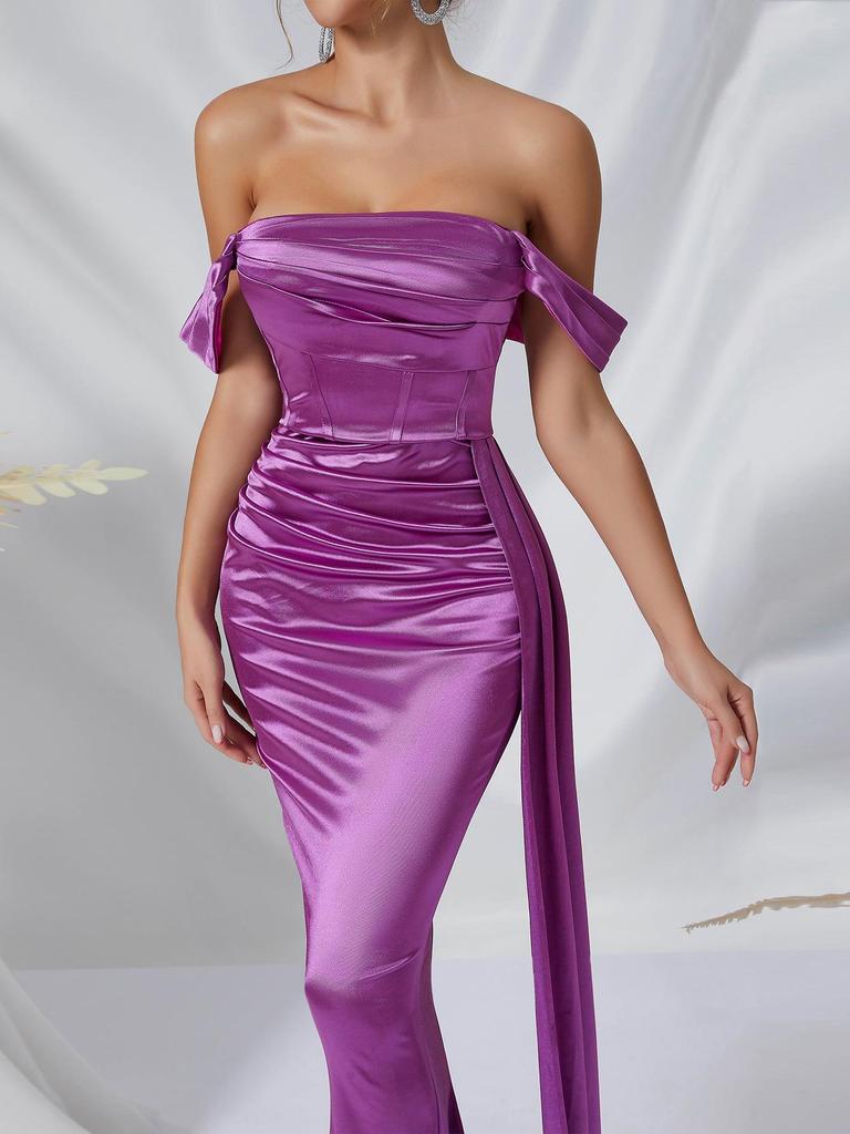 Evropské a americké luxusní fialové saténové večerní šaty s jedním ramenem a rybím ocasem