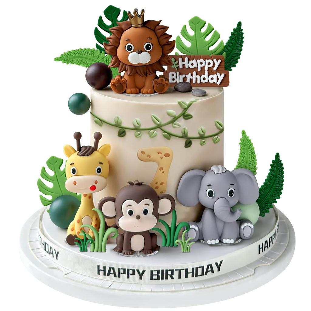 Cake Topper - Jungle Wild Cake Toppers with Leaves Balls Cake Decorations for Safari Animals Themed Birthday Party Decorations