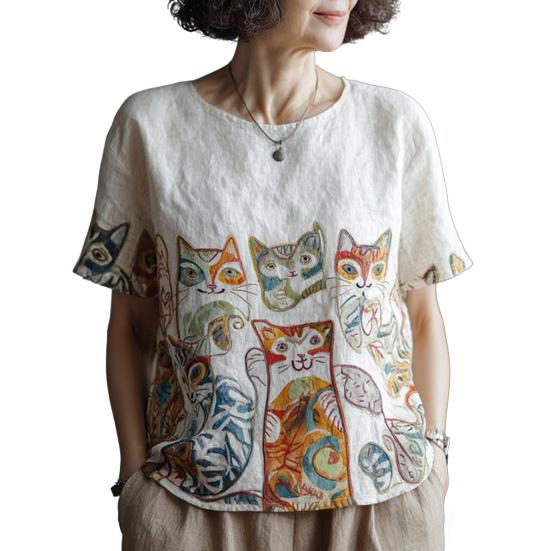 Women Tops Round Neck Short Sleeve Retro Floral Art Print Pullover Tops Loose Fit Soft Fabric Casual Summer Shirt