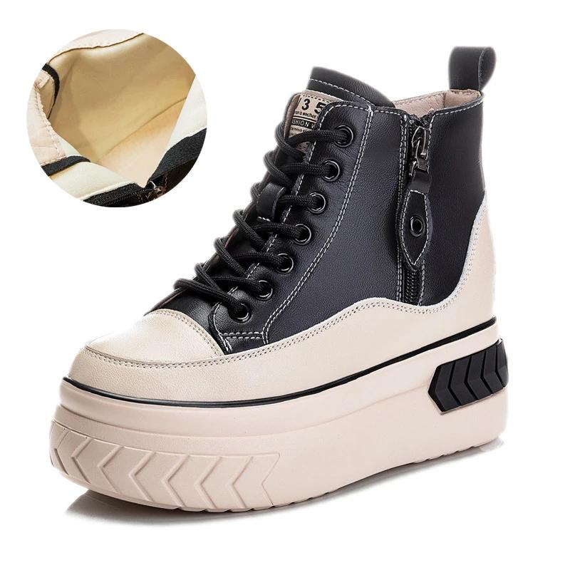 Fashion High Top Women Shoes Genuine leather 8cm Platform Boots Wedge Hidden Heel Zip Spring Autumn Warm Fur Winter Shoes Sneakers