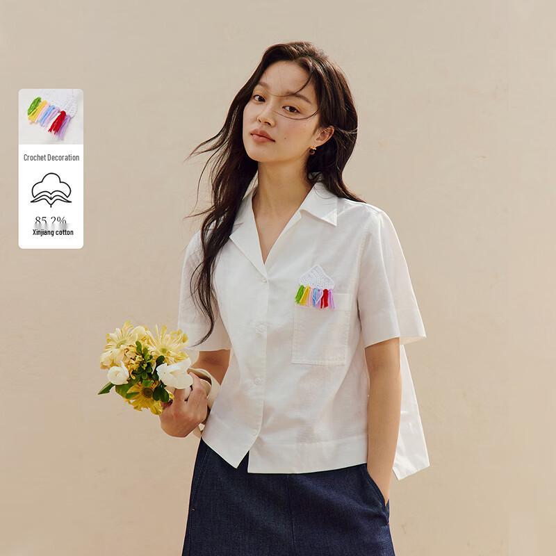 INMAN Women s Crochet Pocket Short Sleeve Lapel Blouse S