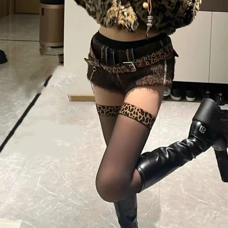 Women Sheer Thigh High Stockings With Leopard Top Stitching Nonslip Silicone Silk Over Knee Long Socks Lingerie Hosiery