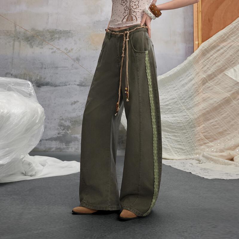 unifree 2026 Spring Retro Lace Wide-Leg Casual Pants with Belt