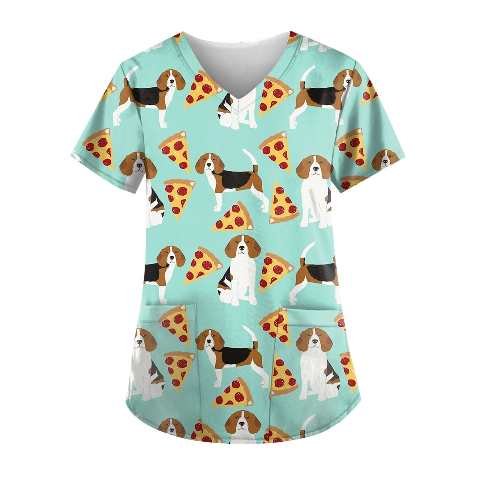 

Women s Cute Printing Short Sleeve V-neck Tops Working Pocket Blouse L циан