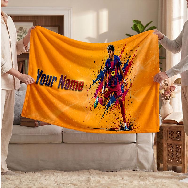 Coperta in pile personalizzata Lamine Yamal con logo del calcio, testo con nome personalizzato, morbida, calda, coperta da divano per la casa