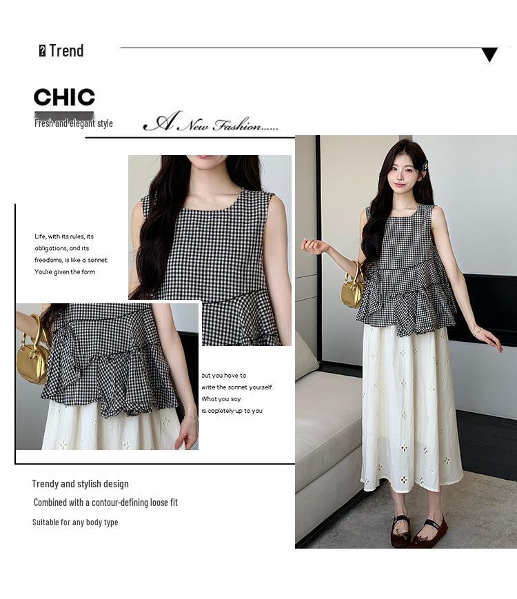 2026 Summer Plaid Sleeveless Maternity Top & Apricot Hollow-Out Skirt Set