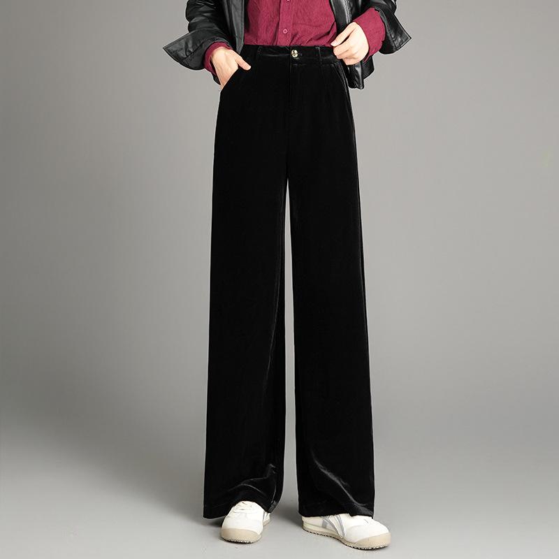 Women s Gold Velvet High-Waisted Wide-Leg Pants - Spring 2026 Slimming, Straight-Leg, Solid Color, Long and Versatile. 2XL чёрный