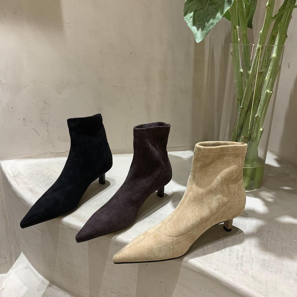 Autumn and winter pointed thin heel elastic boots Internet celebrity mid-tube boots matte high heel velvet commuter short boots women