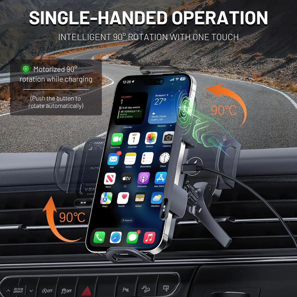 2-in-1 Automatic Rotating Phone Mount, One-Touch Operated Vent-Mounted Holder Compatible with Smartphones, Tablets, and Foldable