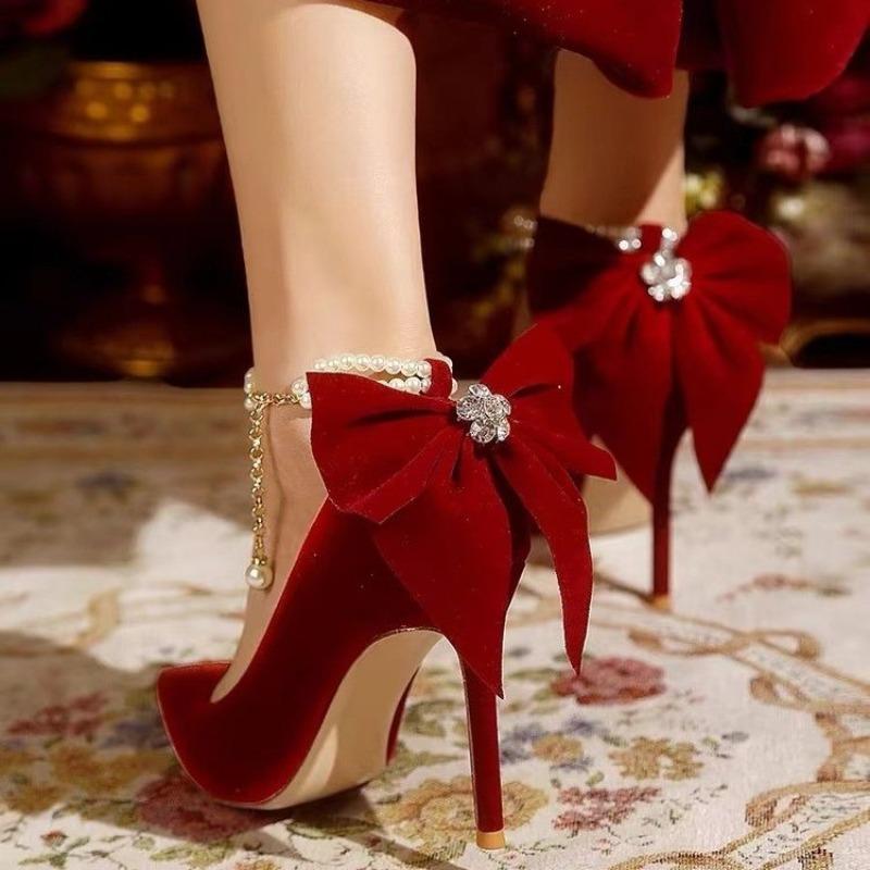 Fashion Red Xiuhe wedding shoes new pointy stiletto high heels female shallow mouth bow pearl one word buckle strap two wear bride shoes