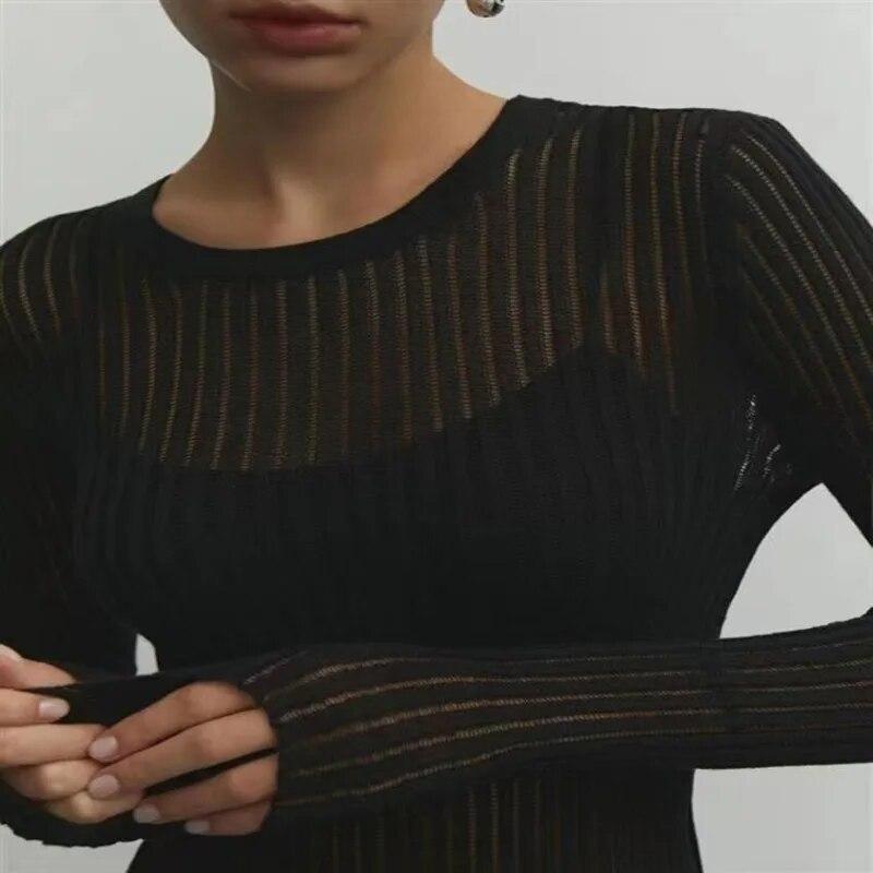 Frühling Sommer Gestrickte Pullover Frauen Dünne Atmungsaktive Langarm Koreanische T Shirt Weibliche Perspektive Strickwaren Tops Elegante 30405