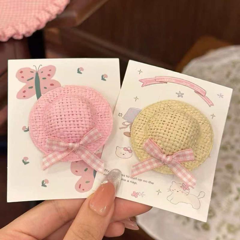 Cute Mini Straw Hat Hair Clips & Hair Ties No Hair Damage Soft Pastel Gingham Bows for Toddler Girls School Daily Wear