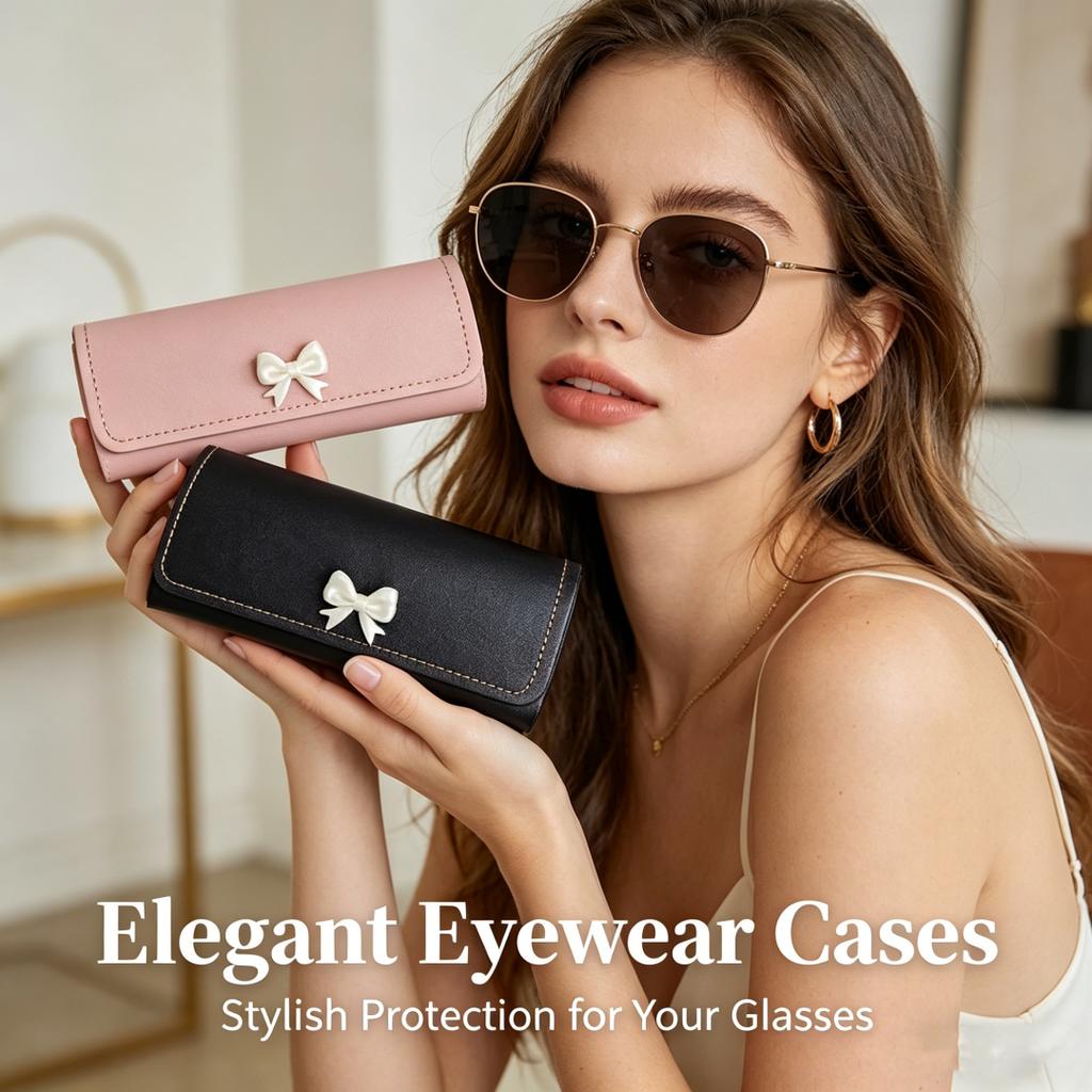 Boîte de rangement pour lunettes Étui à lunettes compact Contenant pour lunettes à nœud Étui à lunettes élégant en cuir PU pour les déplacements Cadeau pour étudiants