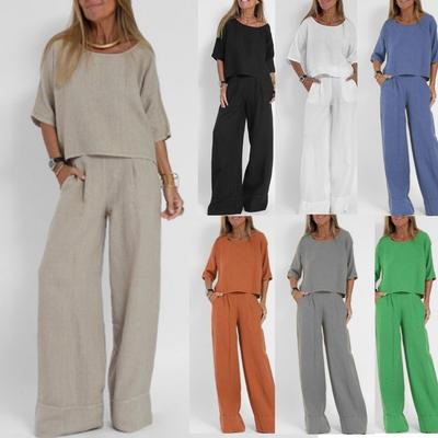 Completo Pantaloni Corti a Maniche Corte in Cotone e Lino Casual da Donna a Colore Unito