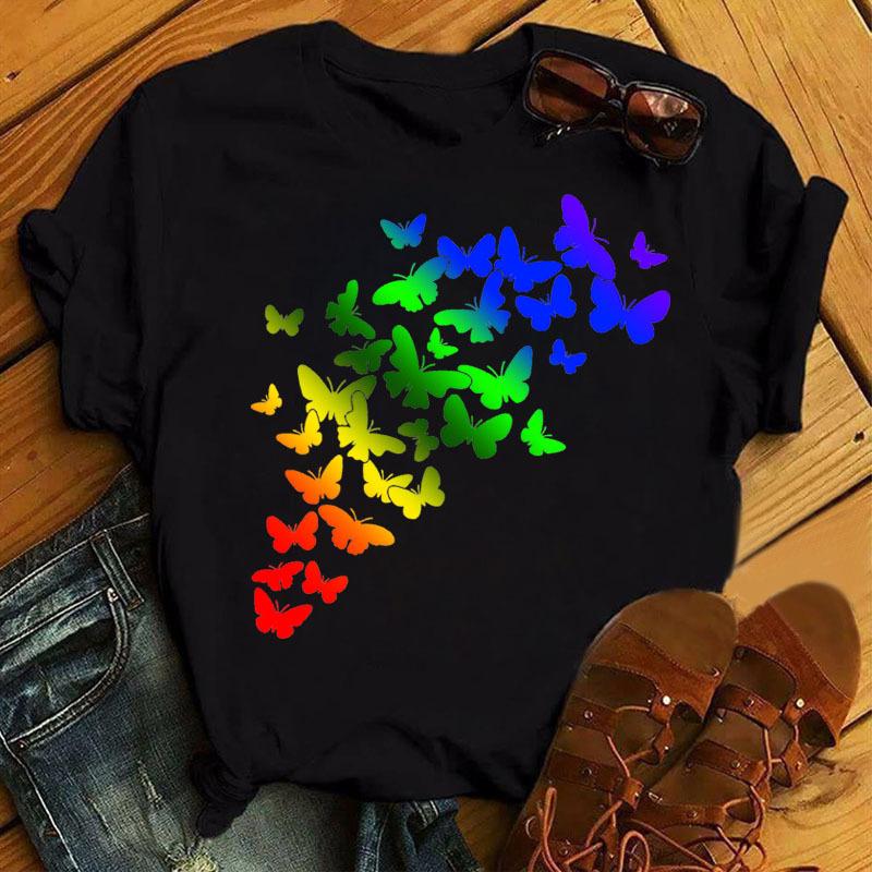 

Модная рубашка больших размеров с цветным принтом бабочек, простая базовая рубашка, свободная одежда, футболки из чистого хлопка для женщин M