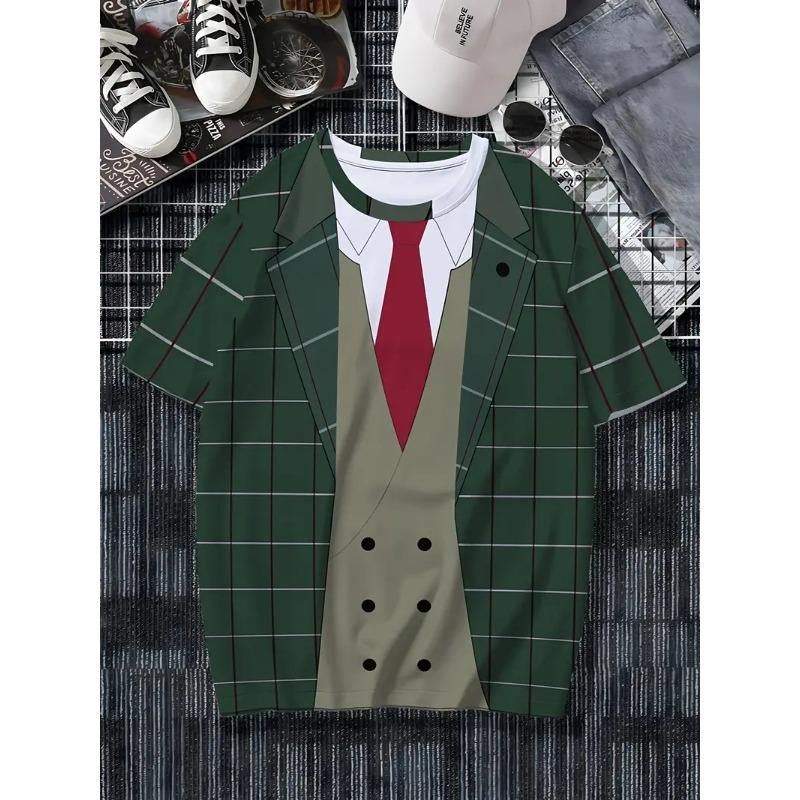 Men's Casual Suit Tie Print T-Shirt Tops Short Sleeve Crew Neck Men's Round Neck T-shirts New In Mens Cosplay Party Tee Shirts