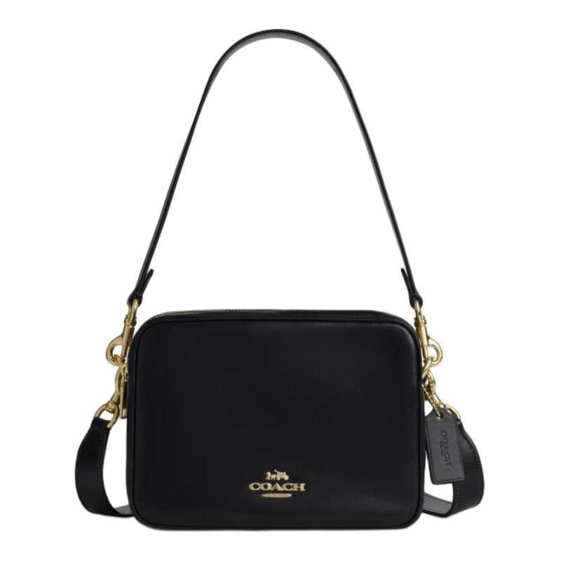 Coach Shoulder Bag CAREY 22 Gold Logo Double Zipper Closure Detachable Handle Strap Built-in Buckle Pocket Cow Leather Camera Small Women's Black