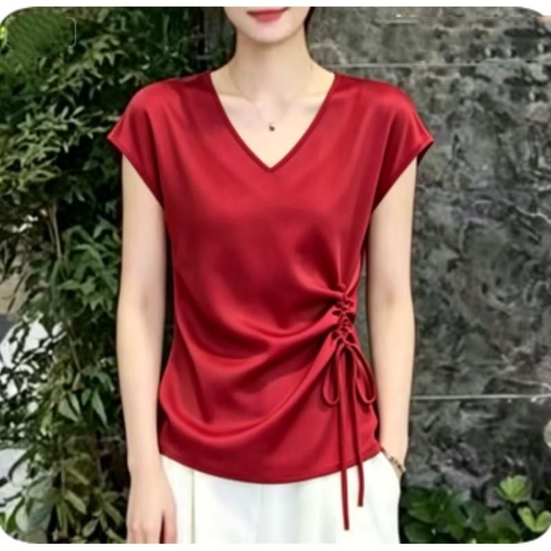 T-shirt Estiva da Donna con Scollo a V Leggera Camicia a Maniche Corte in Raso Design da Donna Top Elegante Aderente