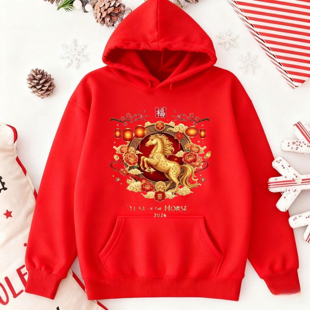 

Happy Chinese New Year 2026 Hoodie 2026 Horse New Year Pullover Horse Lover Sweater Autumn and Winter Keep Warm Tracksuit 5XL