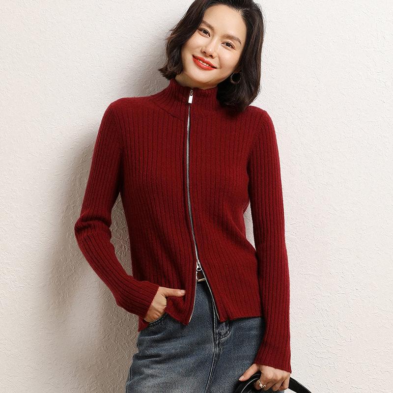 Women's Korean Style Cashmere Stand Collar Zipper Cardigan - Striped Slimming Knitwear for Autumn Winter