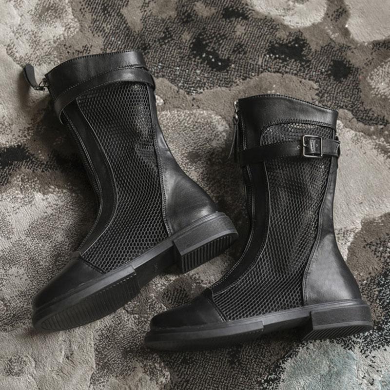 Mid -Calf Hollow Mesh Boots Women  Summer Belt Buckle Flat Sandal Boot Ladies Fashion Breathable Shoes Botas De Mujer