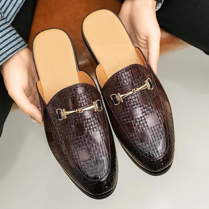 

Fashion New Men Metal Button Pu Leather Half Slippers Shoes Male Casual Mules Moccasins Breathable Loafers Zapatos Hombre 38