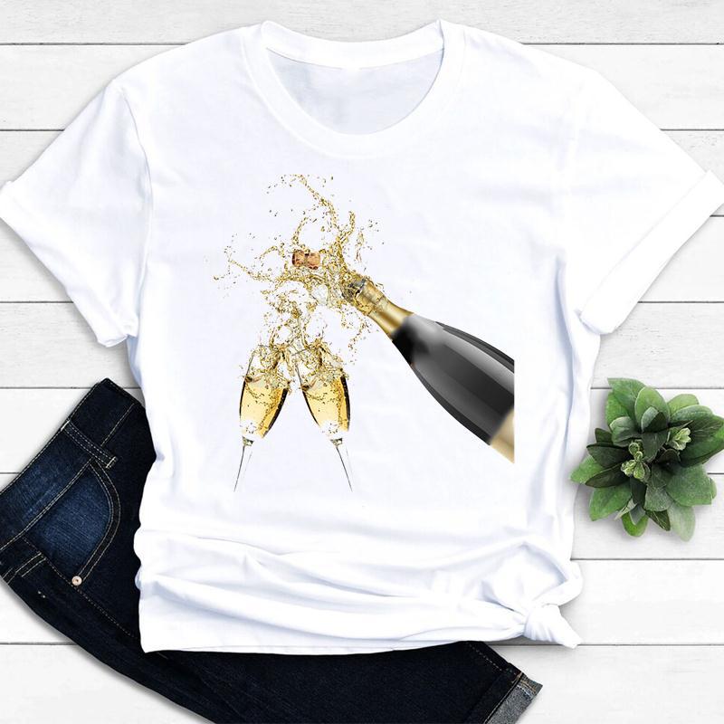 Womens Vintage Tee Color Wine Glass Print a Generation Hair Base Shirt Trend Aesthetic Graphic T Shirts Casual Tops