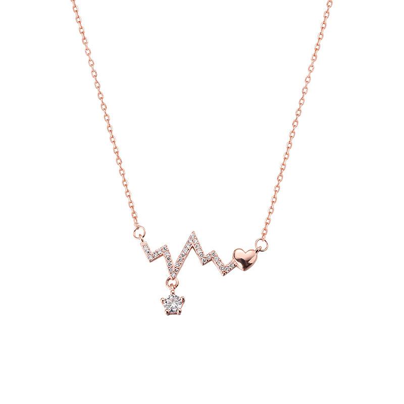 925 Sterling Silver Diamond-Studded Heartbeat Necklace for Women Autumn/Winter Versatile Luxury-Chic ECG Collarbone Chain