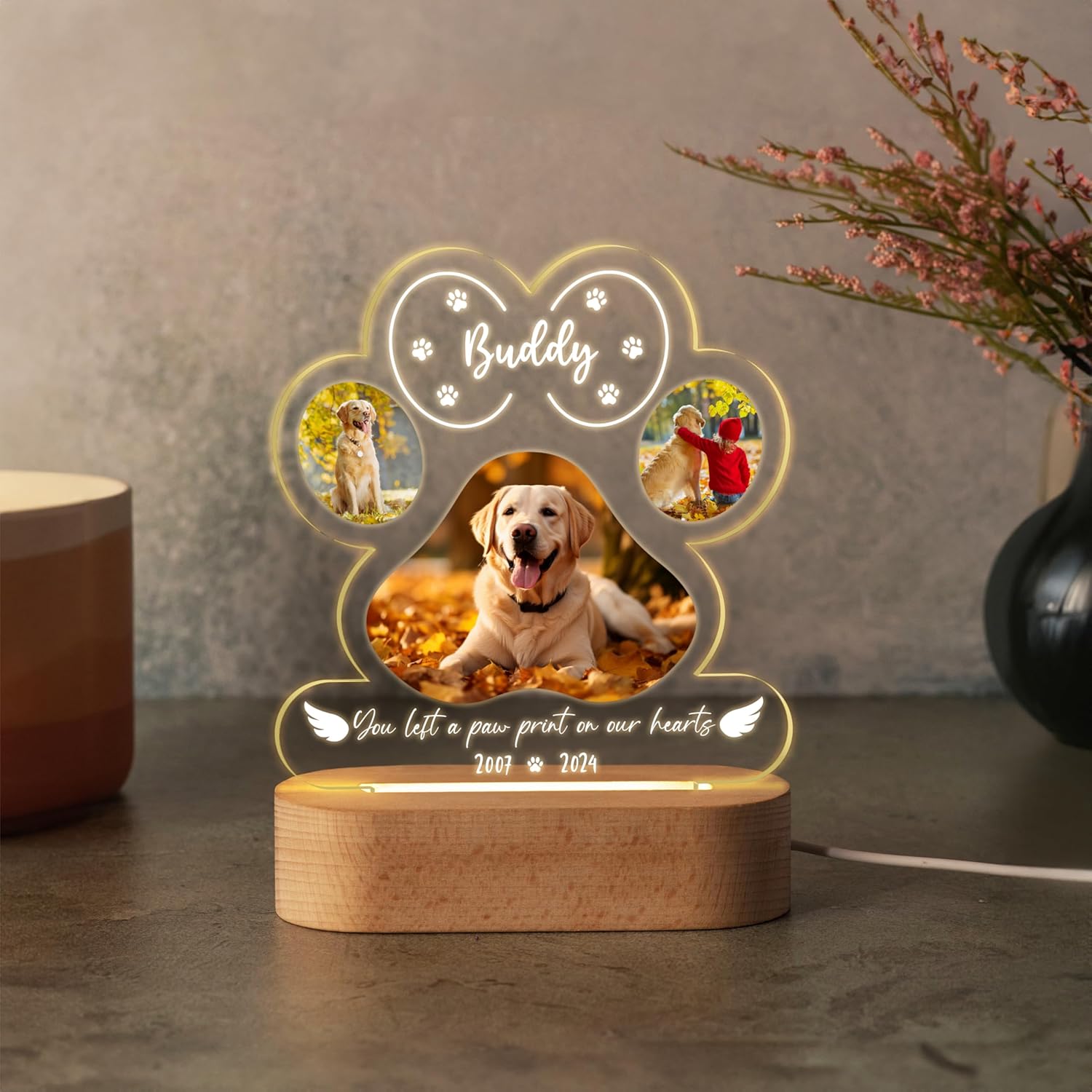 

Personalized Dog Cat Memorial Acrylic Photo Plaque Custom Picture Name Date Engraved Sympathy Gift 2 Designs Rainbow Bridge Pet 1-Color Base