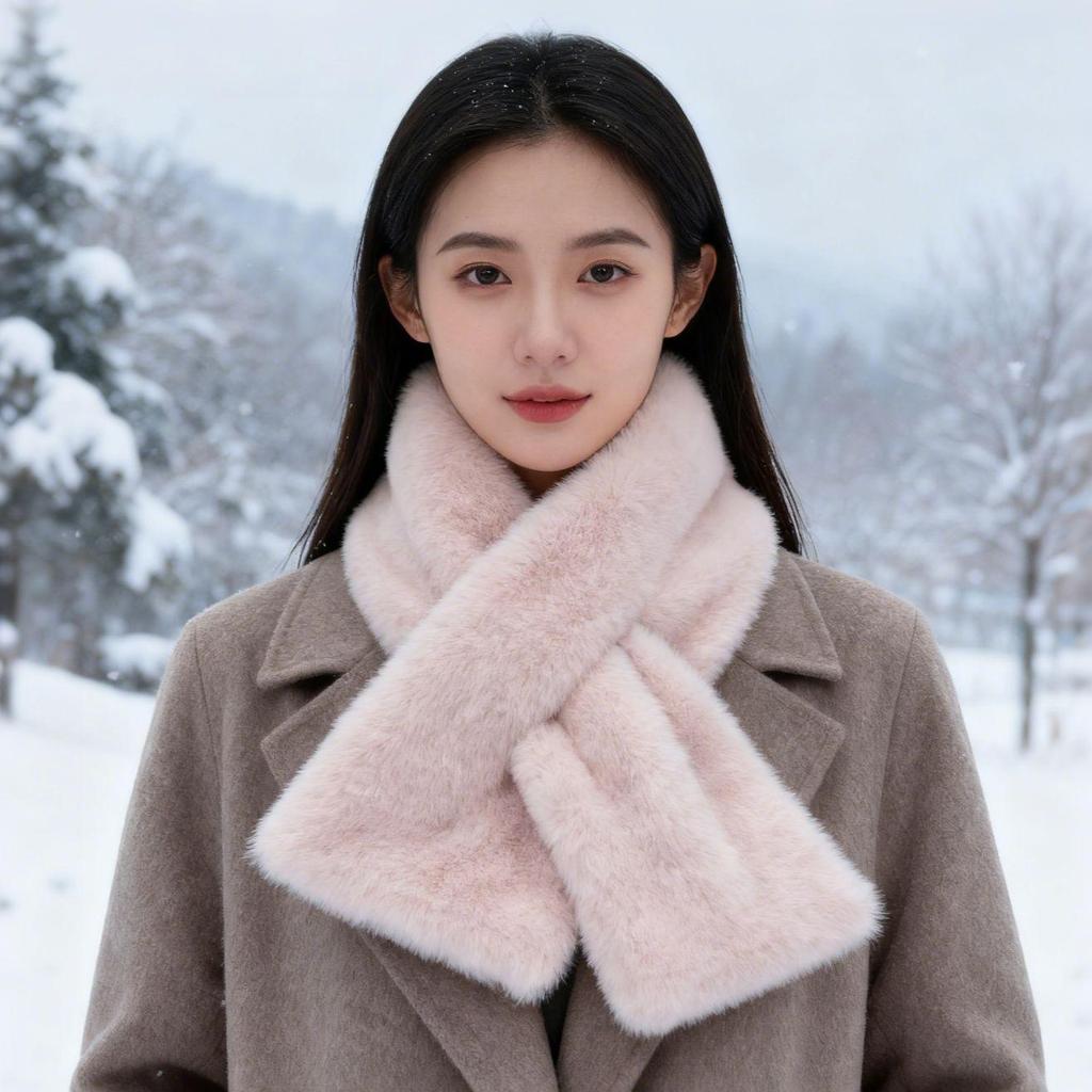 Korean Women's Plush Winter Scarf, High-Grade Pure Color, Thick and Warm Imitation Rabbit Fur Neck Wrap