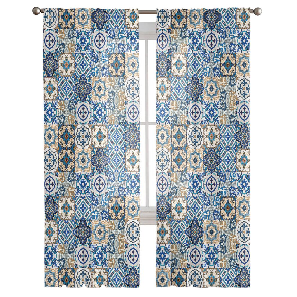 Ethnisch Blumenfliesenmuster Fensterbehandlung Tüll Moderne Transparente Vorhänge für Küche Wohnzimmer Schlafzimmer Vorhänge Dekoration