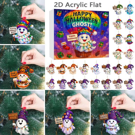 2025 Halloweenský Duch Adventní Kalendář 2D Akrylová Kreslená Sada Ozdob Duchů 24 Dní Roztomilá Duch Počítadlo Dekorace pro Domácí Oslavy