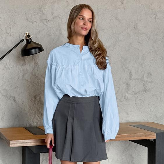 Early autumn niche pure cotton blue round neck long-sleeved fungus edge shirt women's high-end versatile commuter fashion casual cardigan