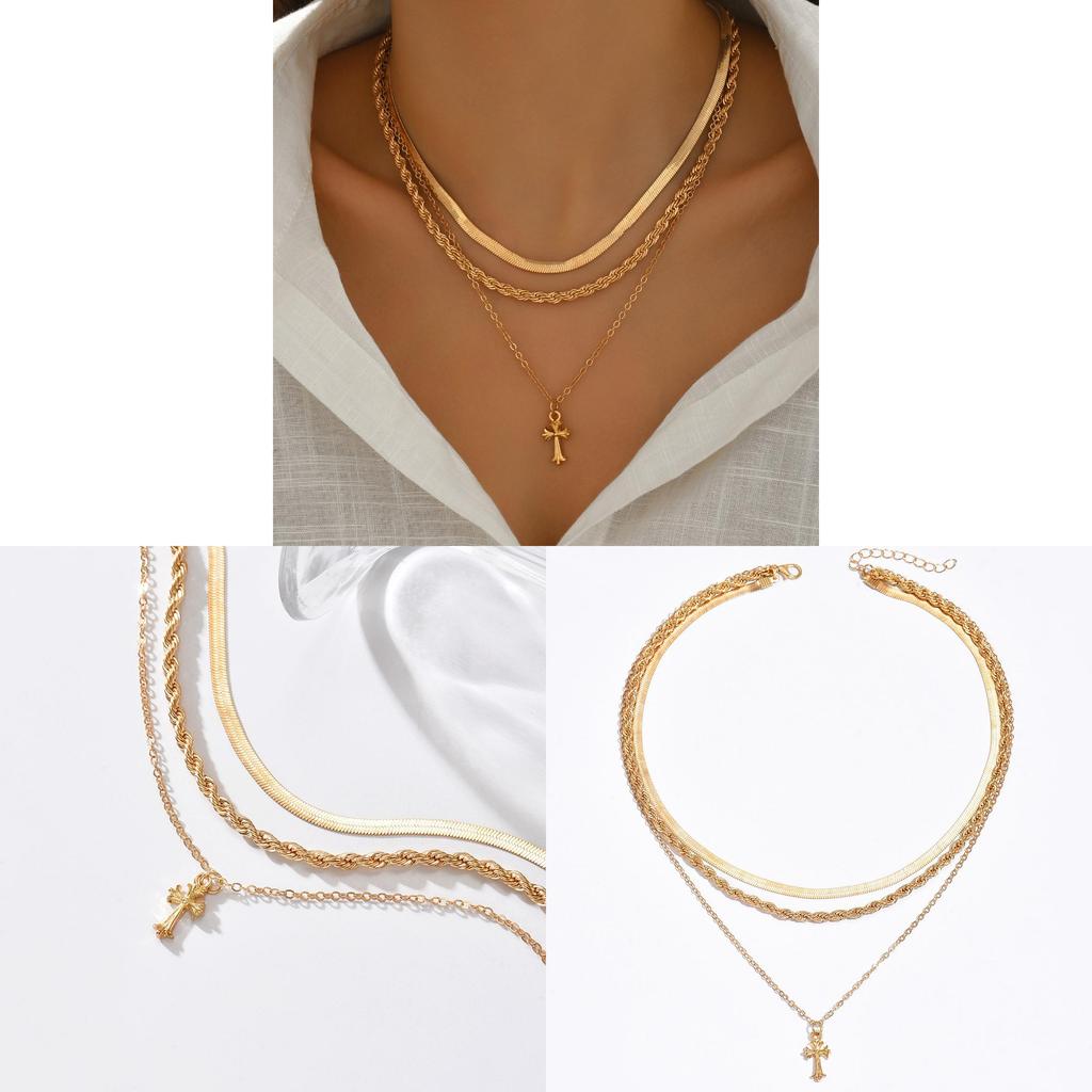 Cross Pendant Necklace Metal Jewelry For Women With Geometric Design And Multilayer Style