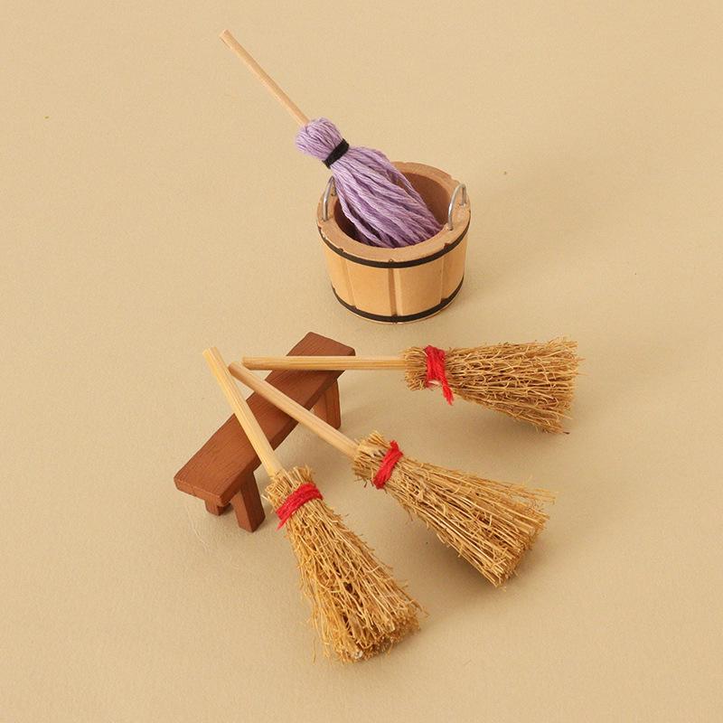 Miniature Dollhouse Broom and Mop Set with Wooden Bucket