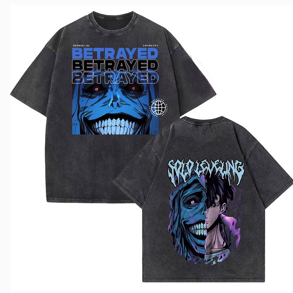 Vintage Washed Japanese Anime Solo Leveling T Shirt Men Sung Jinwoo Cartoon Harajuku Short Sleeve High Quality Cotton Tshirt