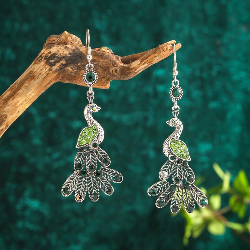 Vintage Ethnic Colroful Rhinestone Peacock Dangle Earrings For Women Long Classic Silver Color Animal Earrings Female Jewelry