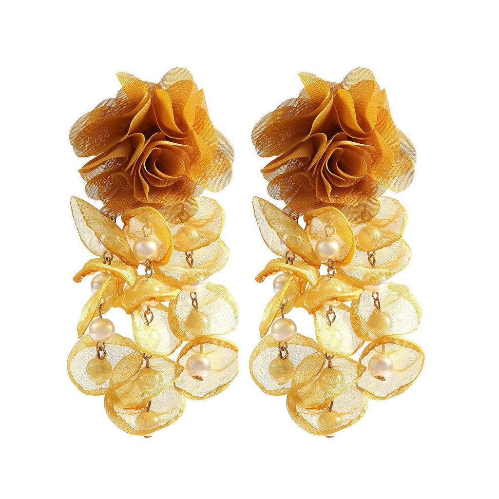 Bohemian Pearl Inlaid Floral Tassel Earrings for Women