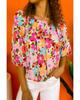 Azura Exchange Red Floral Print Puff Sleeve Pleated Elastic Neckline Blouse